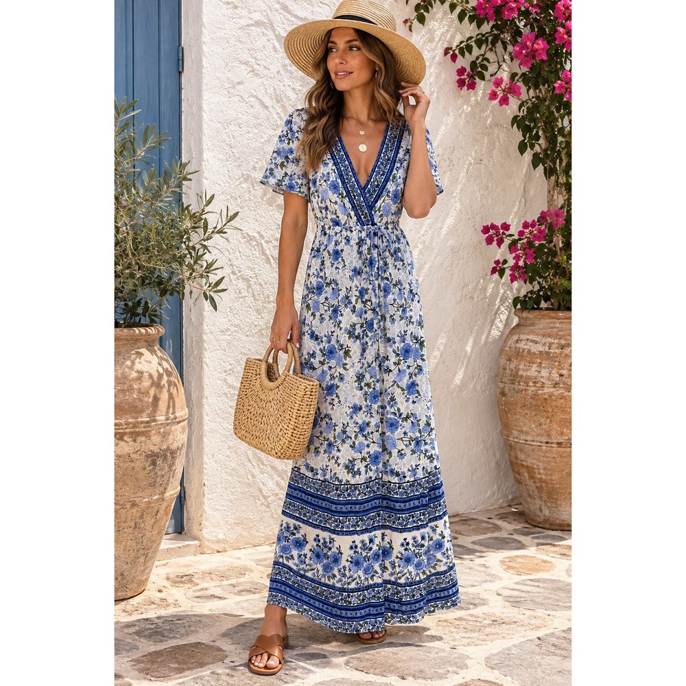Angie Blue Floral Border Print Boho Maxi Wrap Dress Short Sleeve Rayon Medium
